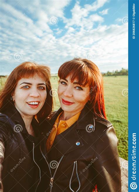 Girls Take Selfies On Their Phone Stock Image Image Of White Outdoors 206826817