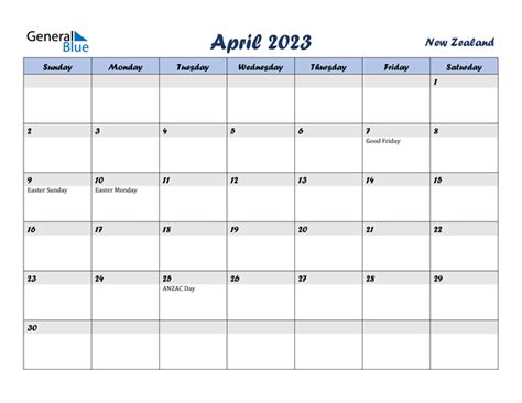 April 2023 Calendar With New Zealand Holidays