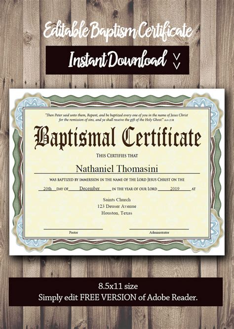 Editable Baptism Certificate Template Pdf Adobe Reader Etsy