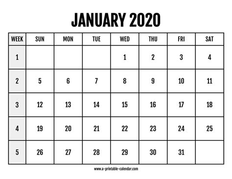 Calendar 2020 January A Printable Calendar