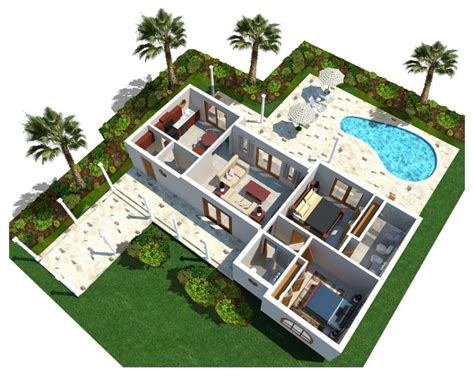Pool craft is a custom swimming pool design and installation company that specializes in all aspects of backyard planning. Architecture 3d Modern Luxury Home Plan With Curve Swimming Pool And Backyard Garden With Palm ...