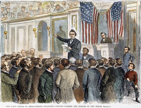 The president, vice president, and other federal officers (as judges) may be impeached by the house of representatives. A. Johnson: Impeachment Photograph by Granger