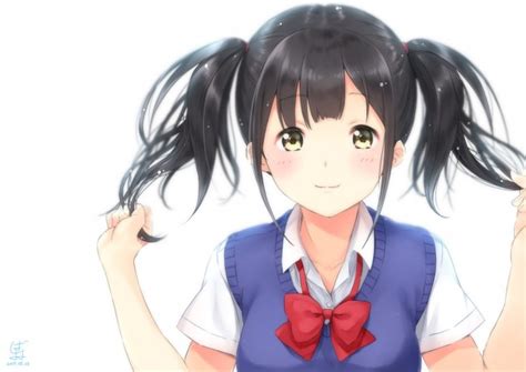 Wallpaper Anime Girl Twintails Black Hair Smiling