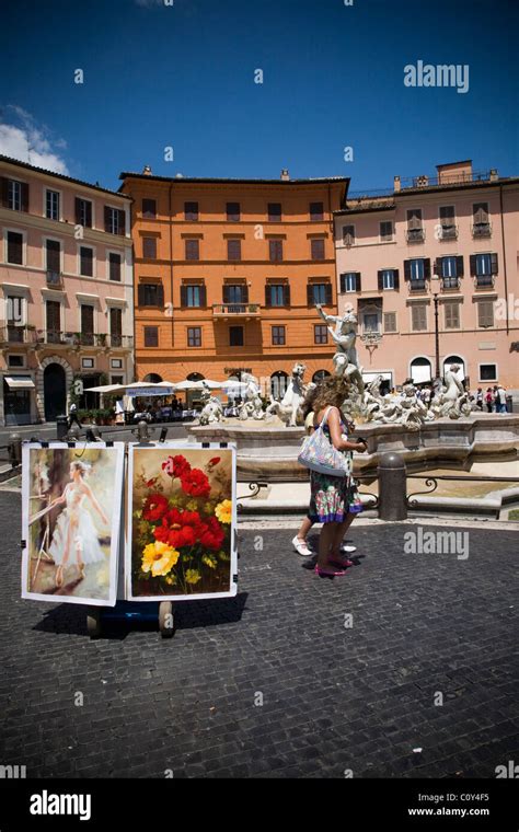 Artists Painting And Fountain In Piazza Navona Rome Stock Photo Alamy