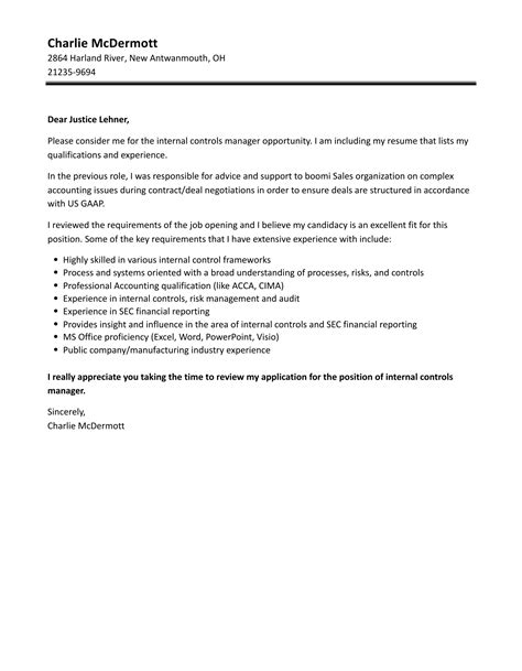 Internal Controls Manager Cover Letter Velvet Jobs