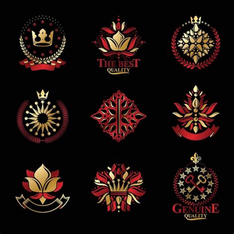 Premium Vector Royal Symbols Flowers Floral And Crowns Emblems Set