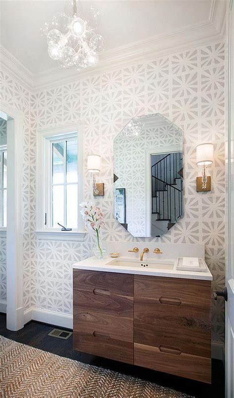 Powder Room Ideas Transitional Powder Room With Geometric Wallpaper