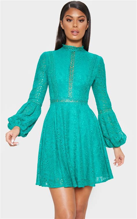 Green Lace Long Sleeve Skater Dress Dresses Prettylittlething Il