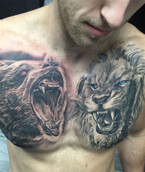 Bear And Lion Chest Tattoo With Images Chest Tattoo