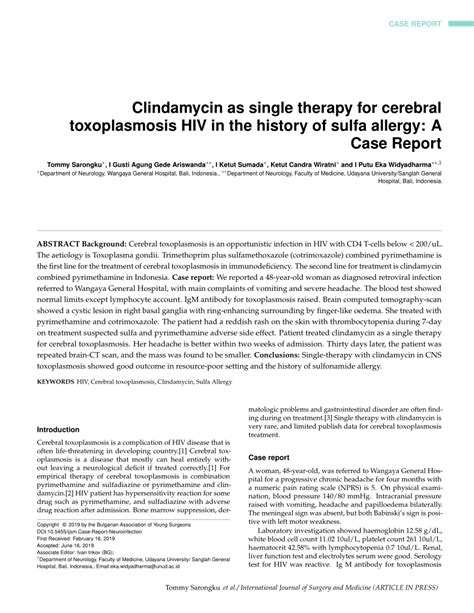 Pdf Clindamycin As Single Therapy For Cerebral Toxoplasmosis Hiv In