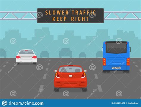 Cars Passing Through Led Sign At Highway Slower Traffic Keep Right