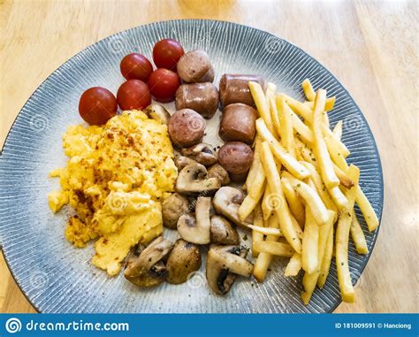 Western Style Breakfast On A Blue Circular Plate Stock Image Image