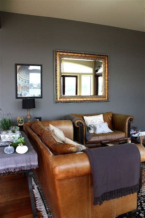 Gray walls with brown leather | Brown sofa living room, Brown living
