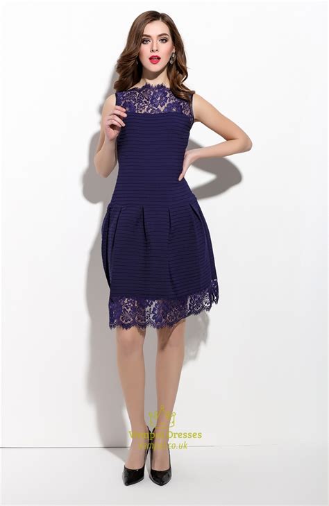 Navy Blue Sleeveless Illusion Neckline Dress With Lace Detail Vampal Dresses