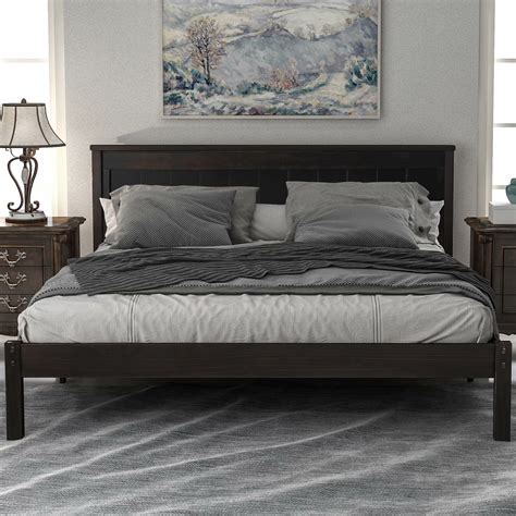 Queen-Size Platform Bed, White Wood Bed Frame with Headboard, Mattress ...