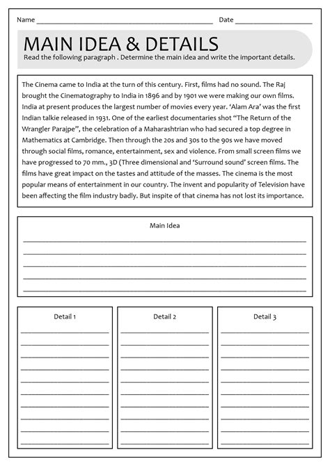 Main Idea And Details Worksheet