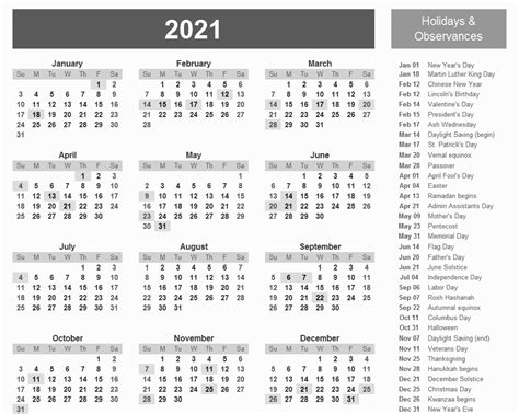 Printable Calendar 2021 With Major Holidays Calendar Template Printable
