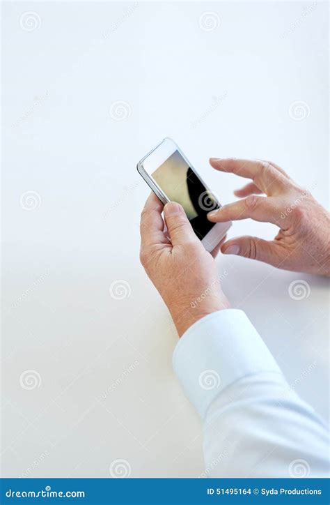 Close Up Of Senior Man Hands With Smartphone Stock Photo Image Of