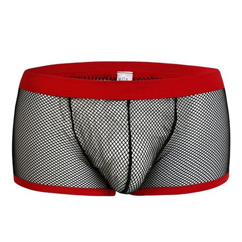 Mens Red Trim See Through Openwork Mesh Boxer Briefs Sheer Bulge Pouch