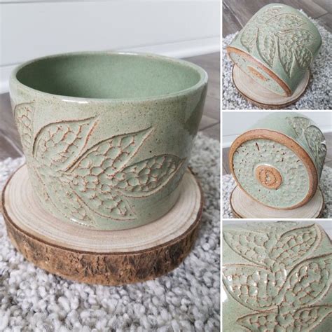 Ash Leaf Carved Garden Pot In A Mint Texture Glaze From Mn Clay Company