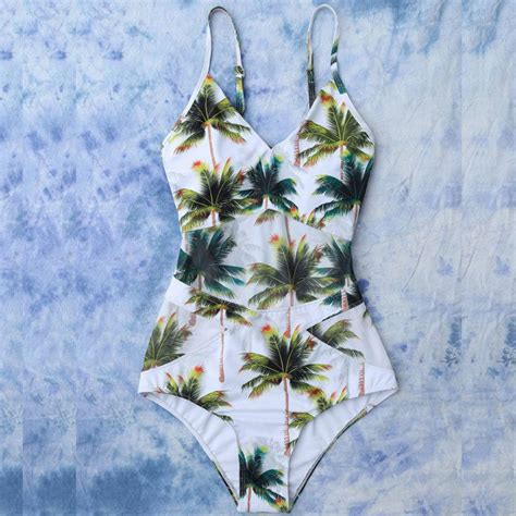 new sexy summer swimwear women one piece coconut tree print triangle bikini set bandage push up