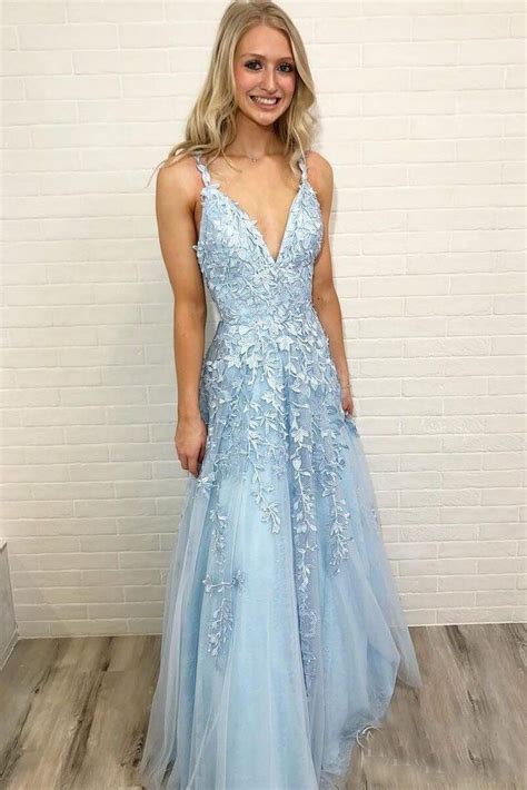 Spaghetti Straps Sky Blue Long V Neck Lace Tulle Cute Prom Dresses Z1817 Prom Dresses Long