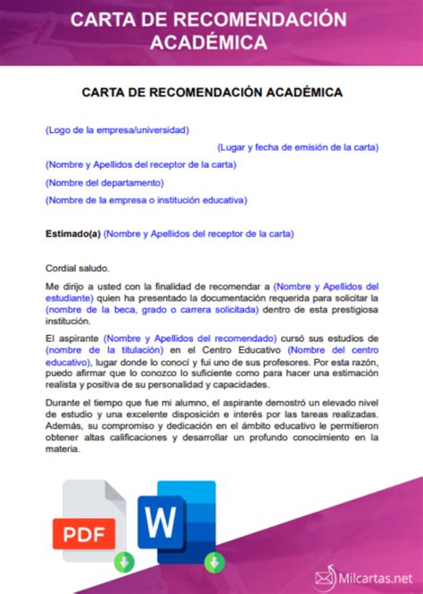 Carta De Recomendación Académica Para Descargar Word