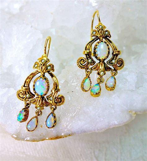 Antique Australian Opal K Gold Chandelier Earrings October