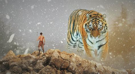Fantasy Animals Tiger Artistic Fantasy Giant Man Rock Snowfall