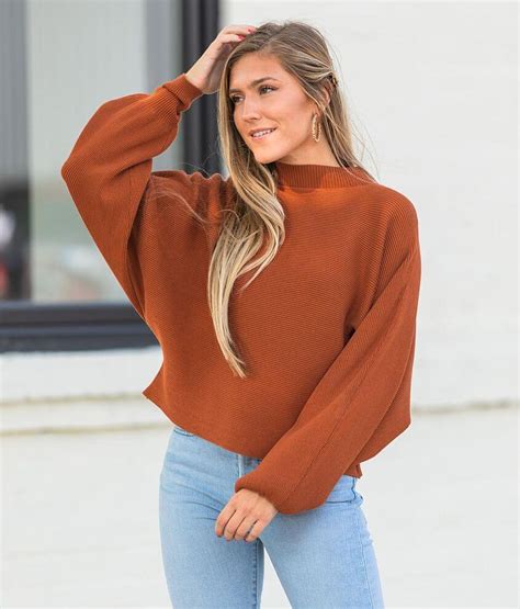 willow and root mock neck cropped pullover sweater women s sweaters in rust buckle