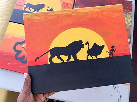 The Lion King Is Depicted In This Hand Painted Silhouette On Canvases