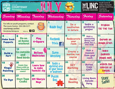 July Activity Calendar For Youth At Home City Of Courtenay