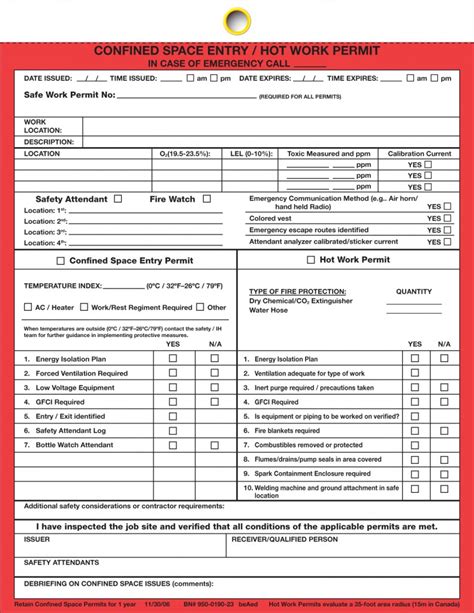 Confined Space Entry Hot Work Permit Form Qia Celanese Pasadena