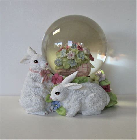 Vintage Bunny Rabbits Snow Globe 6 X 6 Garden Flowers Shabby