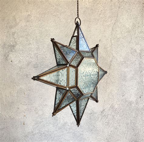 Vintage Pressed Glass Brass Moravian Star Candle Holder Hanging
