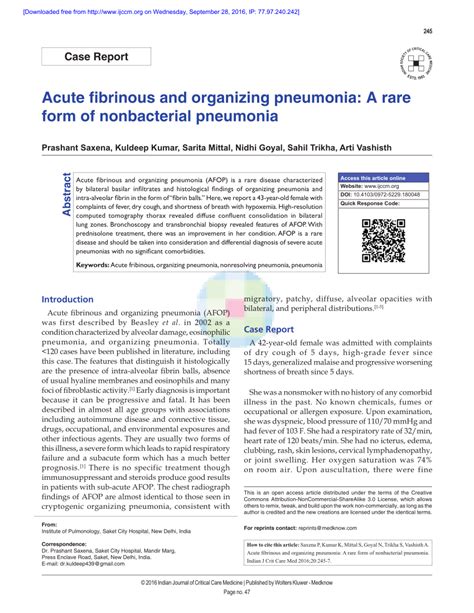 Pdf Acute Fibrinous And Organizing Pneumonia A Rare Form Of