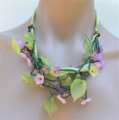 Flowers On A Ribbon Vine Jewelry Leaf Jewelry Seed Bead Jewelry