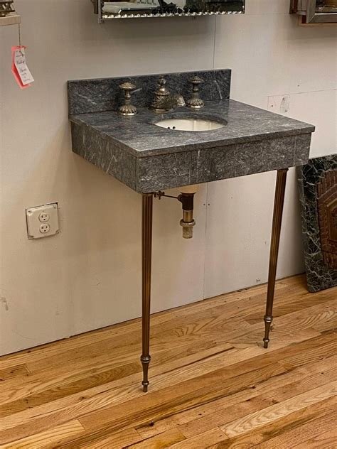 1990s Sherle Wagner Petite Dark Gray Marble Console Sink Louis Petite