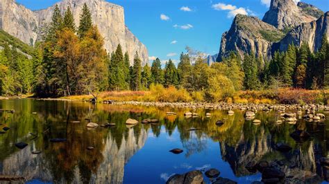 Yosemite Valley Autumn Reflection River Water Firs Trees National Park
