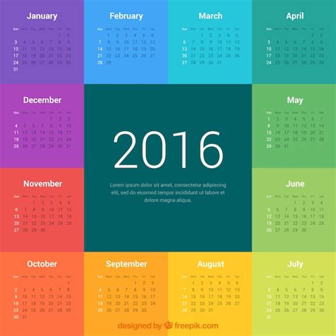 Colorful 2016 Calendar Vecteur Premium