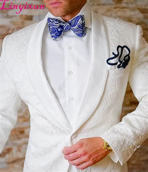 Linyixun New Arrival Mens Suits White Jacquard Groom Tuxedos Slim Fit Shawl Lapel Men Suits