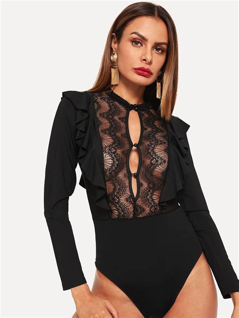 Ruffle Contrast Lace Sheer Bodysuit Emmacloth Women Fast Fashion Online