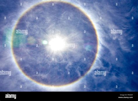 Solar Halo In A Sunny Summer Midday Blue Sky With White Clouds And An