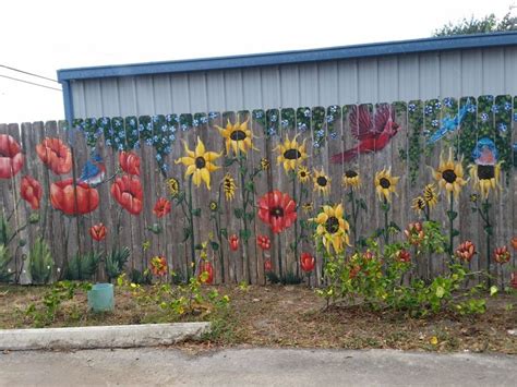 Portion Of Fence Mural With Poppies Sunflowers And Birds Painted By