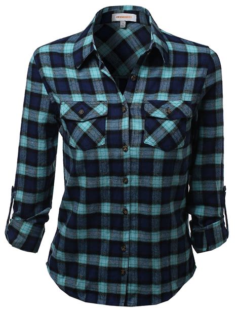 awesome21 women s flannel plaid checker rolled up shirts blouse top at amazon women s cloth