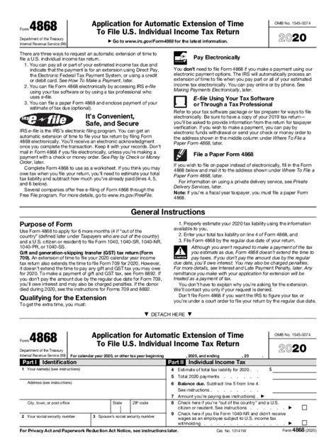 Fillable Online 2020 Form 4868 Application For Automatic Extension Of