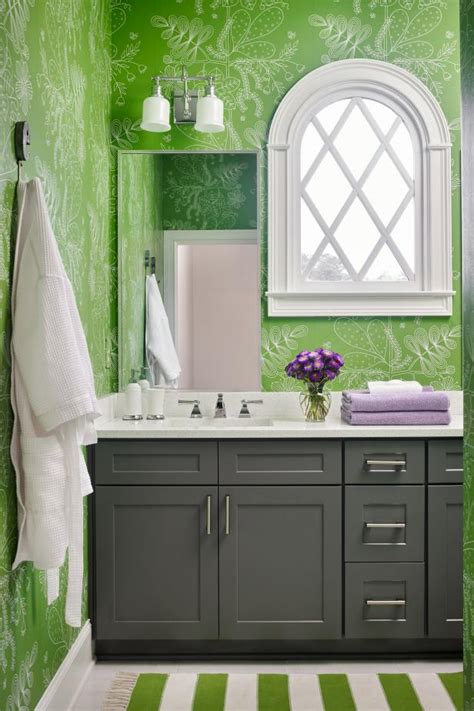 Green Bathroom With Graphic Wallpaper Hgtv