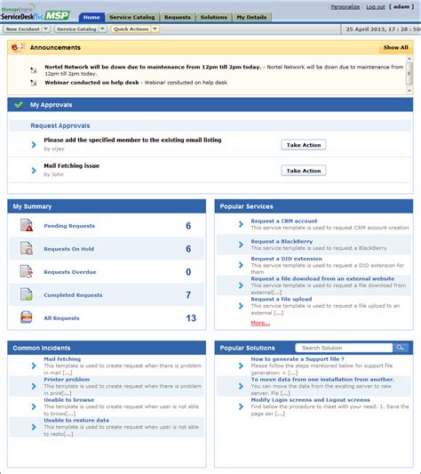 ServiceDesk Plus Self Service Portal - Home Page