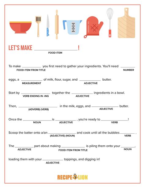 Usually, mad libs are a group activity, but they can be done by one person if the word sheet is separate from the story. Let's Cook Mad Lib Printable | RecipeLion.com