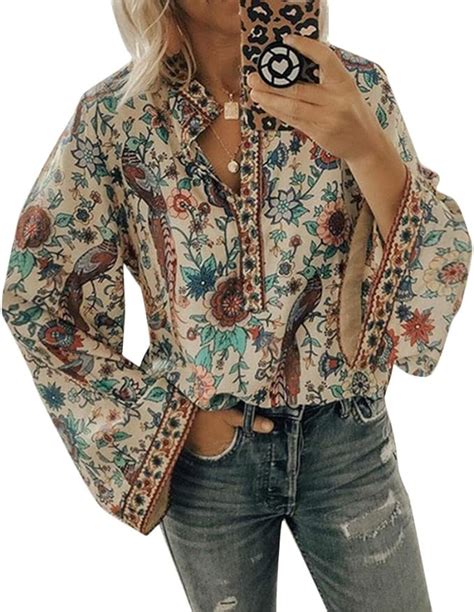 Romose Womens Vintage Bohemian Blouses Button Down Shirts Boho Tunic